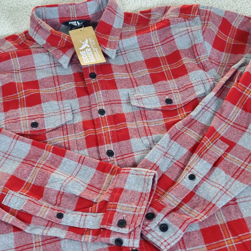 Eddie Bauer Flannel Shirt Men's XL Red Grey Plaid Long Sleeve Button Down NWTGS